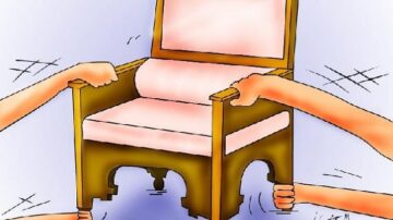 صورة كاريكاتورية تظهر عدة أيادي تسحب كرسيًا ذهبيًا مزينًا باللون الوردي. تعكس الصورة تنافسًا أو صراعًا على الكرسي، مما يبرز فكرة التنافس أو الاستحواذ.