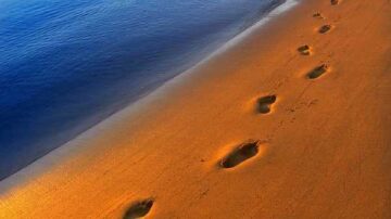 آثار أقدام على شاطئ رملي ذهبي بالقرب من الماء، مع تدرجات لونية من الأزرق إلى الذهبي، تعكس هدوء المشهد الطبيعي.