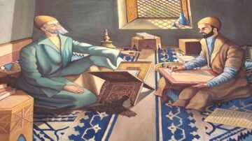 رسم فني يظهر شخصين يجلسان في غرفة تقليدية، أحدهما يرتدي زيًا تقليديًا ويعرض مخطوطة، بينما الآخر يستمع بانتباه. الغرفة مزينة بنوافذ ذات تصميم معقد وسجاد مزخرف، مما يعكس التراث الثقافي والفكري.