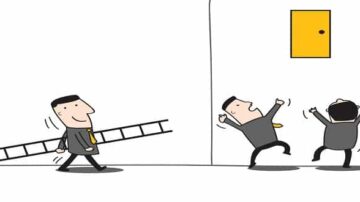 رسم كاريكاتيري يظهر رجلًا يرتدي بدلة يحمل سلمًا، يتجه نحو باب أصفر بينما يظهر رجلان آخران في الخلفية، أحدهما يبدو متفاجئًا والآخر يحتفل. تعبيرات الوجوه تعكس مشاعر مختلفة في مشهد كوميدي.