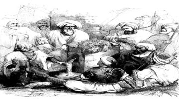 رسم توضيحي تاريخي لمجموعة من الرجال يرتدون الملابس التقليدية، يجلسون حول مصدر مياه، يتبادلون الحديث في بيئة صحراوية. تعكس الصورة الثقافة والتراث العربي، مع تفاصيل دقيقة تعبر عن الحياة اليومية والعلاقات الاجتماعية في تلك الفترة.