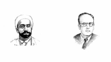 صورة توضح رسومات شخصيتين تاريخيتين، الأولى تظهر رجل ذو لحية وعمامة، والثانية تظهر رجل يرتدي نظارات وقميص رسمي. الرسومات تعكس الطراز الفني القديم وتبرز الملامح الثقافية.