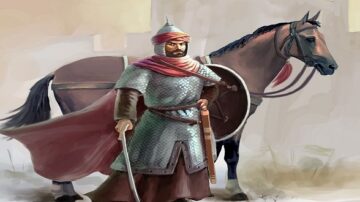 رجل يرتدي درعاً معدنياً وقبعة تاريخية، يقف بجانب حصان في بيئة صحراوية. يعكس التصميم الفني أجواء العصور الوسطى، مع تفاصيل دقيقة في الملابس والأسلحة.