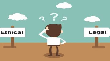 رجل يقف مترددًا بين لافتتين تشيران إلى "أخلاقي" و"قانوني"، مع علامات استفهام فوق رأسه، مما يعكس صراعًا بين القيم الأخلاقية والقوانين.