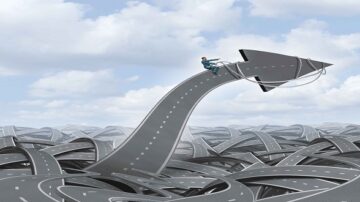 رجل يجلس على سهم كبير يتجه نحو الأعلى، محاط بشبكة من الطرق المتشابكة تحت سماء ملبدة بالغيوم. الصورة تمثل مفهوم التوجيه والنجاح في مواجهة التحديات.