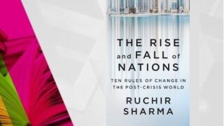 غلاف كتاب "The Rise and Fall of Nations" لـ Ruchir Sharma مع رسومات خلفية ملونة.