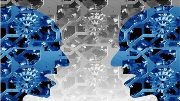 صورة توضح وجهين متقابلين بتصميم هندسي حديث، مع تداخل تروس زرقاء في الخلفية. تعبر عن التواصل والتفاعل بين الأفراد، مما يجعلها مناسبة لمواضيع الذكاء الاصطناعي والتكنولوجيا.