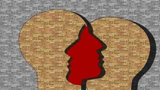 Two interlocking faces made of brown brick blocks against a gray brick wall background.