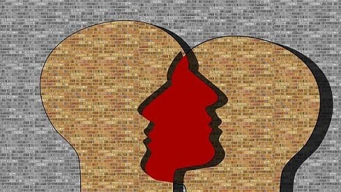 Two interlocking faces made of brown brick blocks against a gray brick wall background.