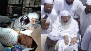 امرأة مسنّة تجلس على سرير وتكتب في دفتر، محاطة بكتب وصناديق، بينما في الصورة الأخرى، مجموعة من الرجال يرتدون ملابس بيضاء يحيطون برجل مسنّ يستخدم كرسياً متحركاً.