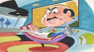 شخصية كرتونية مسترخية في مقعد باللون البنفسجي، تتفاعل مع شاشة عرض كبيرة تعرض وجه شخصية غاضبة. الخلفية تحتوي على تفاصيل مستقبلية مع عناصر تكنولوجيا متقدمة.