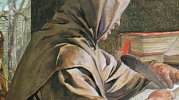 رجل يرتدي عباءة يكتب على ورقة في غرفة مضاءة بشكل خافت. خلفه، يظهر شخص آخر في ملابس مشابهة يتجول في بيئة طبيعية. الكتب المكدسة على الطاولة تشير إلى دراسة أو بحث.