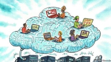 صورة توضح مجموعة من الأشخاص يعملون على أجهزة كمبيوتر محمولة ضمن سحابة رقمية. يظهر شخصان يتعاملان مع منصات مثل يوتيوب واستطلاعات، بينما يتفاعل الآخرون مع مواضيع قانونية وجولات سياحية وتقييمات. التصميم يعكس مفهوم العمل الرقمي والتعاون عبر الإنترنت.