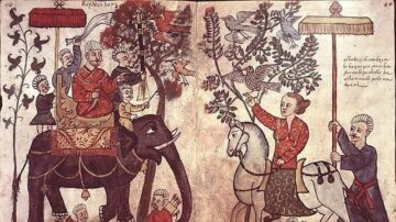 رسم تاريخي يظهر مجموعة من الأشخاص في موكب على ظهر فيل وخيول، مع أشجار وحيوانات طائرة في الخلفية. المشهد يعكس الثقافة التاريخية ويظهر تنوع الأزياء والشخصيات.