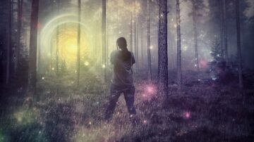 شخص يقف في غابة ضبابية، يواجه دوامة مضيئة تشع من بين الأشجار، مع ألوان سحرية تملأ المشهد. تعكس الصورة أجواء غامضة وساحرة، مما يثير شعورًا بالمغامرة والاستكشاف.