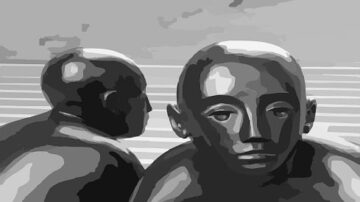 صورة فنية باللونين الرمادي والأسود لشخصين برؤوس عارية وملامح ناعمة، يقفان في مشهد يظهر خطوط أفقية في الخلفية. تعكس الصورة شعورًا بالعمق والتأمل، مع تركيز على تفاصيل الوجوه.