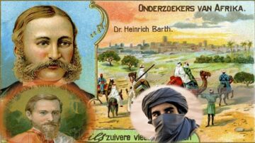 صورة تاريخية تظهر ثلاثة مستكشفين من أفريقيا، مع التركيز على الدكتور هاينريش بارت. يتضمن الخلفية مشهدًا طبيعيًا يضم قافلة من البدو في الصحراء، بينما يظهر في الزاوية رجل يرتدي غطاء رأس تقليدي. تعكس الصورة تاريخ الاستكشاف في القارة الأفريقية.