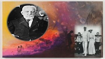 صورة تاريخية تتضمن شخصية رجالية مسنّة مرتديًا بدلة رسمية، مع خلفية ملونة تجسد مشاهد من الحياة اليومية في الماضي. على الجانب الآخر، تظهر امرأة ترتدي فستانًا أبيض مع مجموعة من الأطفال، مما يعكس مواضيع العائلة والتراث الثقافي.