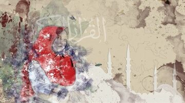امرأة ترتدي حجابًا أحمر، تتأمل في منظر خلفية فنية تتضمن مساجد وعناصر زخرفية. التصميم يجمع بين الألوان المائية مع تأثيرات فنية، مما يعكس الثقافة والتقاليد الإسلامية.