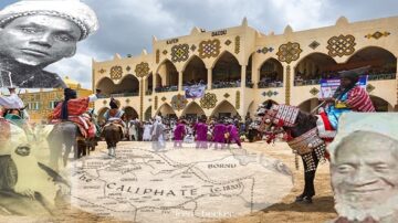 صورة تاريخية تجمع بين فعاليات احتفالية في ساحة عامة، مع مشاهد لأشخاص يرتدون أزياء تقليدية ويستعرضون على ظهور الخيل. في الخلفية، تظهر مبانٍ مزخرفة تتسم بالطابع المعماري الإفريقي. تتداخل صور تاريخية لشخصيات بارزة مع خريطة قديمة توضح موقع الخلافة. تعكس الصورة التراث الثقافي الغني والتاريخ العميق للمنطقة.