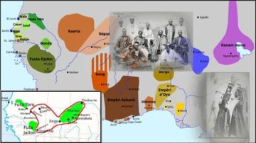 خريطة توضح مناطق غرب أفريقيا، تشمل فوتا جالون وفوتا تورو، مع صور تاريخية تظهر شخصيات بارزة. تتضمن المناطق المحددة ألوانًا مختلفة لتمثيل التقسيمات الجغرافية والثقافية.
