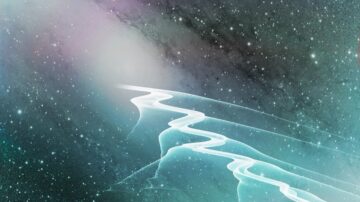 مشهد فضائي ملون يظهر مجرة بعيدة مع نجوم متلألئة في الخلفية. تتداخل الألوان الزرقاء والخضراء مع خطوط بيضاء رقيقة تشكل مسارات ضوئية، مما يخلق تأثيرًا سحريًا في الفضاء.