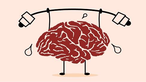 دماغ كرتوني يرفع الأثقال، يرمز لتقوية القدرات العقلية أو التدريب الذهني.