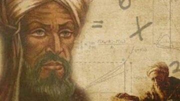 صورة تجمع بين رسم لشخصية تاريخية مع ملامح واضحة، وعناصر رياضية تشمل معادلات وأرقام. الخلفية تحتوي على رسومات توضيحية لمفاهيم رياضية، مما يدل على إسهامات في الرياضيات.