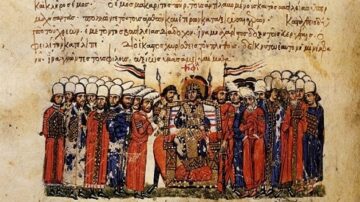 صورة توضح مشهد تاريخي لملك جالس على العرش محاط بمجموعة من الرجال يرتدون أزياء تقليدية. النص المكتوب بخط قديم يظهر في الجزء العلوي من الصورة، مما يضيف بعدًا ثقافيًا. تعكس الأزياء والتفاصيل المعمارية في الخلفية الطابع التاريخي للفترة.