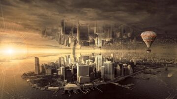 منظر خلاب لمدينة حديثة تتأمل في مياه البحر، مع منطاد هوائي يطفو في السماء. الأفق مضاء بألوان دافئة، بينما تعكس المباني الشاهقة صورة معكوسة على سطح الماء. تعكس الغيوم الداكنة غموض المشهد.