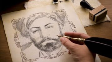 رسم تخطيطي لرجل ذو لحية وشعر مميز، يجلس أمام ورقة. شخص يحمل قلم حبر بجانب الرسم، مع أدوات الكتابة في الخلفية. يعكس المشهد جوًا إبداعيًا وفنيًا.