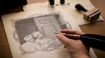 رسم توضيحي يظهر شخصًا يحمل قلمًا يكتب على ورقة قديمة مزينة بإطار مزخرف. في الخلفية، يظهر شخصان يجلسان بالقرب من باب مغلق. الأدوات مثل الحبر وختم مطاطي موجودة على الطاولة، مما يضيف لمسة فنية تاريخية.