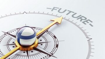 بوصلة تشير إلى المستقبل مع سهم ذهبي يتجه نحو كلمة "المستقبل"، وكرة زجاجية ملونة في المركز. تصميم حديث يرمز إلى الاتجاهات والتوجهات المستقبلية.