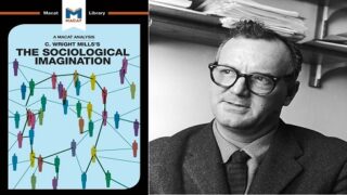 غلاف كتاب "The Sociological Imagination" وصورة لرجل بنظارات وبذلة.