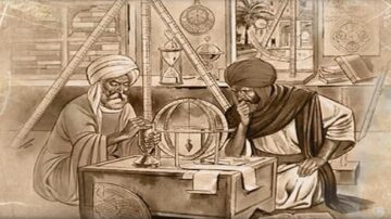رسم توضيحي يظهر عالمان عرب في مختبر قديم، يعملان على أدوات علمية مثل الكرة الأرضية والساعات الشمسية. الخلفية تحتوي على أدوات قياس ومخططات، مما يعكس التقدم العلمي في الحضارة الإسلامية.
