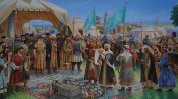 مشهد تاريخي يجمع مجموعة من الرجال والنساء يرتدون أزياء تقليدية، في احتفال أو تجمع بالقرب من خيام مزينة. يظهر القادة في المقدمة مع دروع وأسلحة، بينما يتواجد الحضور في الخلفية، محاطين بمناظر طبيعية. تعكس الألوان الزاهية والملابس الفاخرة الثقافة والتراث التاريخي.