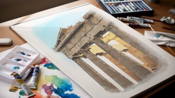 صورة لعمل فني يوضح معبد بارثينون الأثري بتفاصيله المعمارية، مرسوم بأسلوب فني مميز. تظهر الألوان الزاهية المستخدمة في اللوحة، مع أدوات الرسم مثل الألوان المائية والأقلام الملونة على الطاولة، مما يعكس أجواء الإبداع والفن.