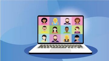 رسم توضيحي لجهاز كمبيوتر محمول يعرض شاشة تحتوي على تسعة مربعات تعرض صورًا لأشخاص متنوعين، مما يرمز إلى الاجتماعات الافتراضية أو التعلم عن بُعد.