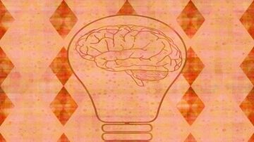 تصميم فني يظهر دماغ داخل شكل لمبة، مع خلفية مزخرفة بألوان دافئة ونمط ماسي. يرمز التصميم إلى الإبداع والأفكار الجديدة.