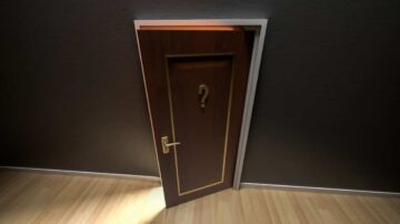 باب خشبي مغلق مع علامة استفهام على النوافذ، يقع في غرفة ذات جدران داكنة وأرضية خشبية، مما يثير الفضول حول ما وراءه.