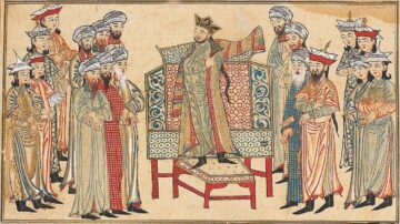 رسم تاريخي يظهر مجموعة من الرجال يرتدون ملابس تقليدية، مع وجود شخصية بارزة تجلس على عرش. الخلفية مزخرفة بتفاصيل معمارية، مما يعكس الثقافة والفنون في تلك الحقبة.