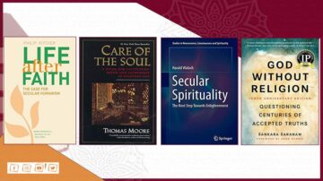 أربعة كتب عن الروحانية والفكر الإنساني. الكتاب الأول "الحياة بعد الإيمان" لفيلب كيتشر، يتناول قضايا الإنسانية. الثاني "رعاية الروح" لتوماس مور، يستكشف العمق الروحي. الثالث "الروحانية العلمانية" لرايولد ويلباخ، يناقش الطريق نحو التنوير. الرابع "الله بلا حدود" لسانكارا سارام، يتناول الحقائق المقبولة عبر العصور.