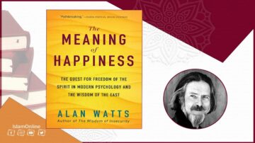 غلاف كتاب "معنى السعادة" لألان واتس، يتناول موضوع حرية الروح في علم النفس الحديث وحكمة الشرق، مع صورة لألان واتس. تصميم ملون مع خلفية تتضمن كتبًا وعناصر زخرفية.