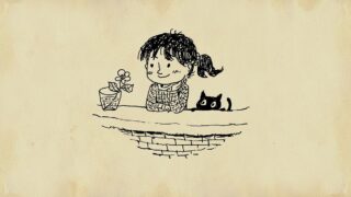 رسم كاركتير فتاة وزهرة وقطة