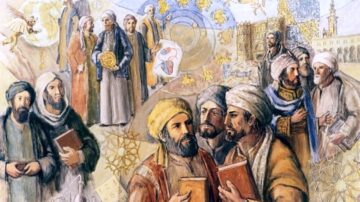 رسم يضم مجموعة من العلماء العرب في العصور الوسطى، يظهرون وهم يتبادلون الأفكار ويتناقشون حول العلوم والفلسفة. الخلفية تحتوي على رموز علمية وأشكال فلكية، مما يعكس الإنجازات الفكرية والثقافية في تلك الفترة.
