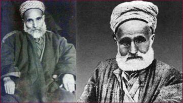 صورة تاريخية لرجل مسن ذو لحية بيضاء وشعر رمادي، يرتدي غطاء رأس تقليدي. يظهر الرجل في وضعية جالسة في الصورة اليسرى وواقفا في الصورة اليمنى. تعكس الصور ملابس تقليدية وثقافة معينة، مما يعكس تاريخ الزمن.