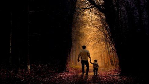 طفل يمسك يد الأب ويمشي في حديقة وسط الأشجارفي ضوء خافت ضعيف