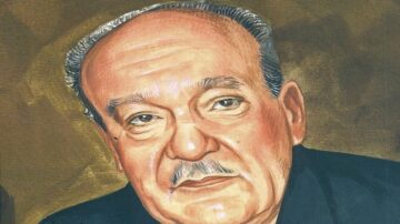 رسم توضيحي لرجل مسن ذو شعر رمادي ووجه ملامحه واضحة، مع تعبير جاد. الخلفية بلون دافئ. يركز الرسم على ملامح الوجه وتفاصيله.