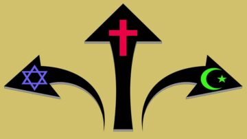 رموز دينية تمثل اليهودية (نجمة داود)، المسيحية (صليب)، والإسلام (الهلال والنجمة) مع سهام تشير في اتجاهات مختلفة على خلفية بلون البيج.