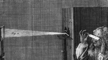 رسم تاريخي يظهر شخصًا ينظر من خلال تلسكوب نحو مصدر ضوء، مع تفاصيل توضح تجربة علمية تتعلق بالضوء. يبرز الرسم التكنولوجيا القديمة وأهمية التجارب في فهم الظواهر الطبيعية.